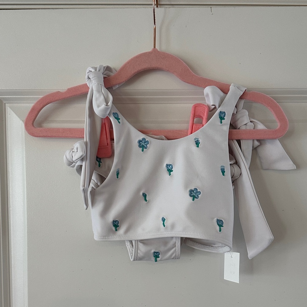 Minnow Swim - white with floral embroidery - size 3/4T
